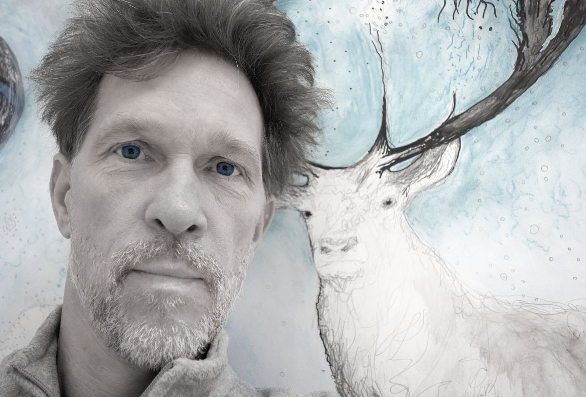 Olivier Goulet, autoportrait avec dessin de cerf